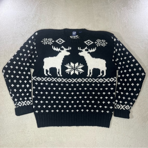Vintage GAP 100% Shetland Wool Sweater Men XL Black White Fair Isle Geo Moose